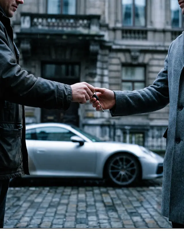 Remise des clés devant un immeuble genevois au petit matin, une Porsche argent garée derrière.