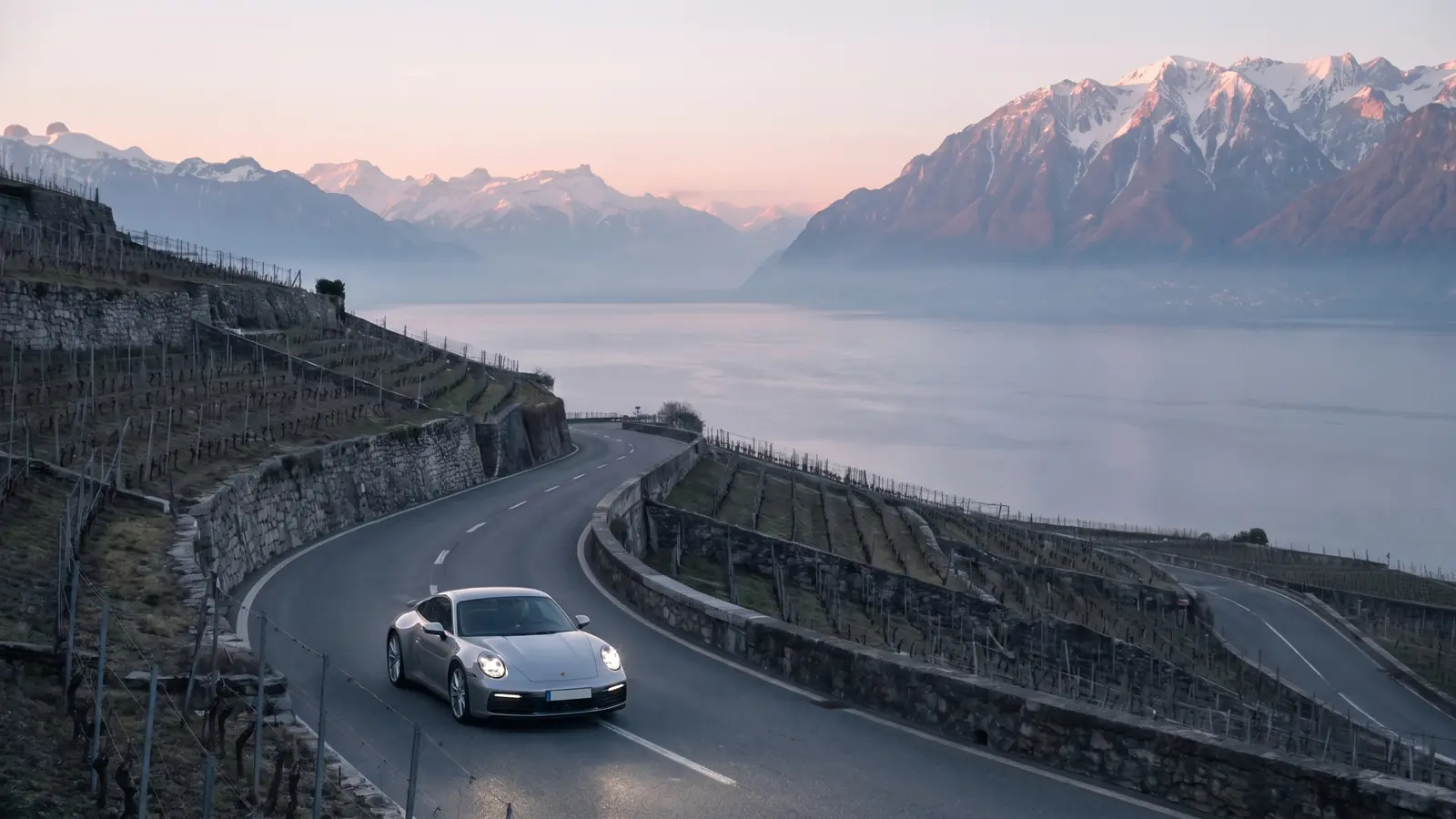 Une Porsche 911 argent sur la route des vignes du Lavaux, au-dessus du Léman, à l'aube.