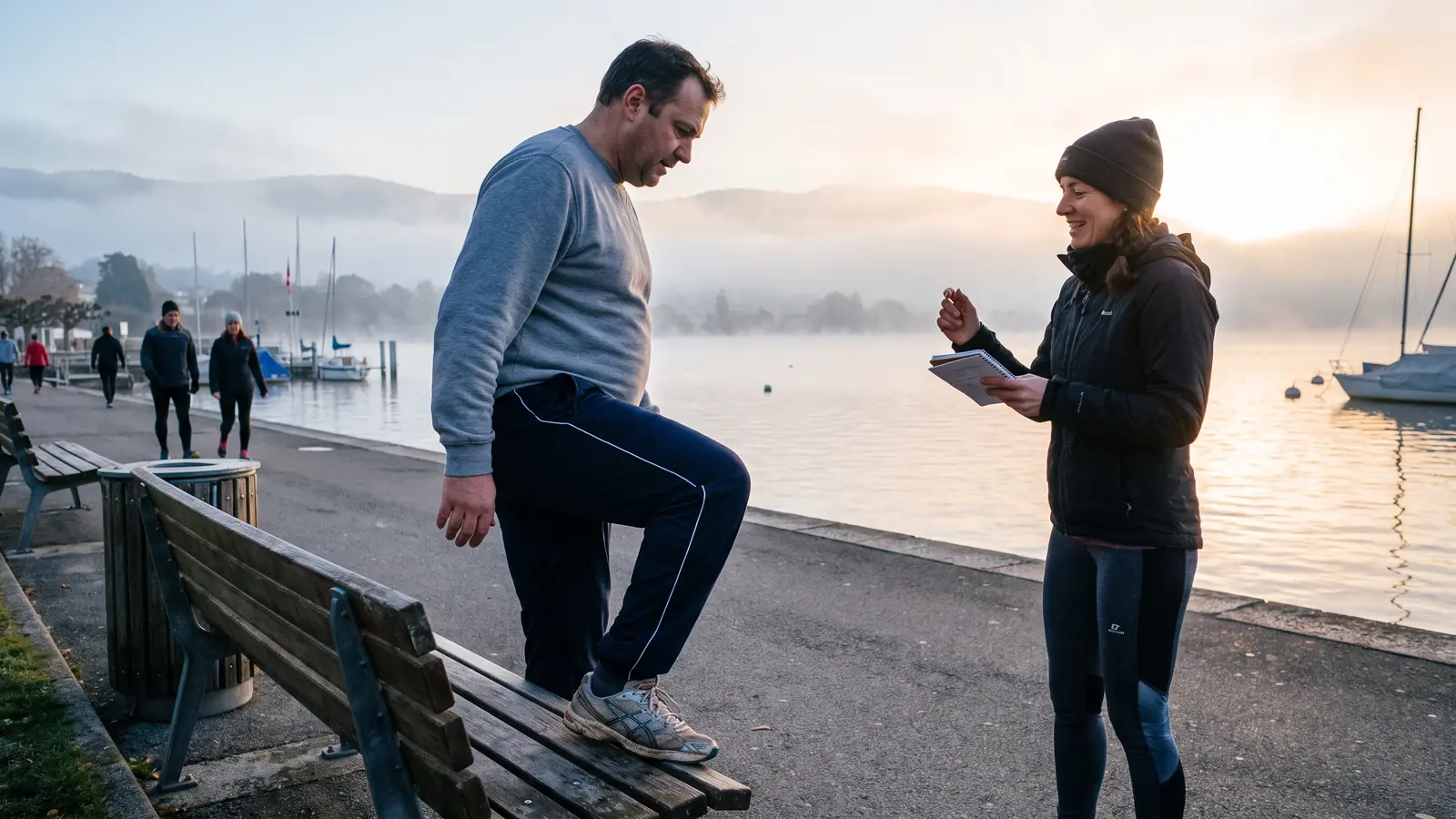 Séance au bord du lac à Nyon au lever du soleil : un homme fait des montées sur un banc, la coach l'encourage carnet en main.