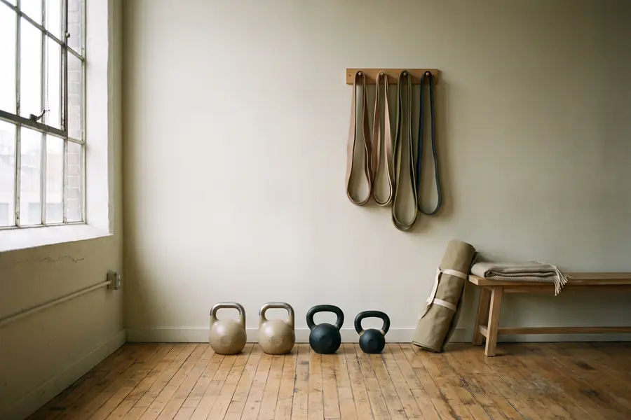 Le studio de Nyon le matin : kettlebells alignées, élastiques au mur, parquet.