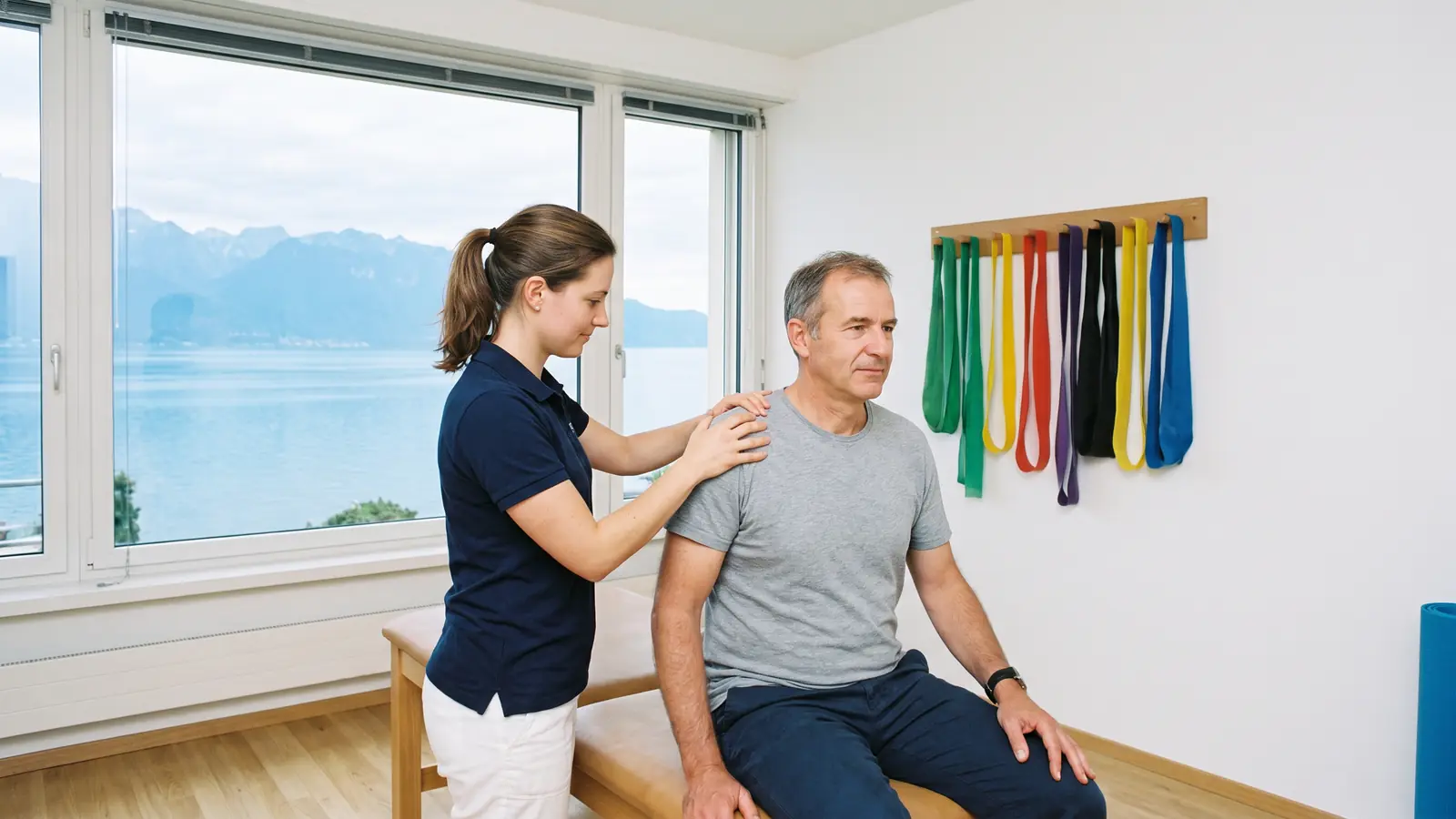 Une physiothérapeute traite l'épaule d'un patient assis, dans une salle lumineuse avec vue sur le lac.
