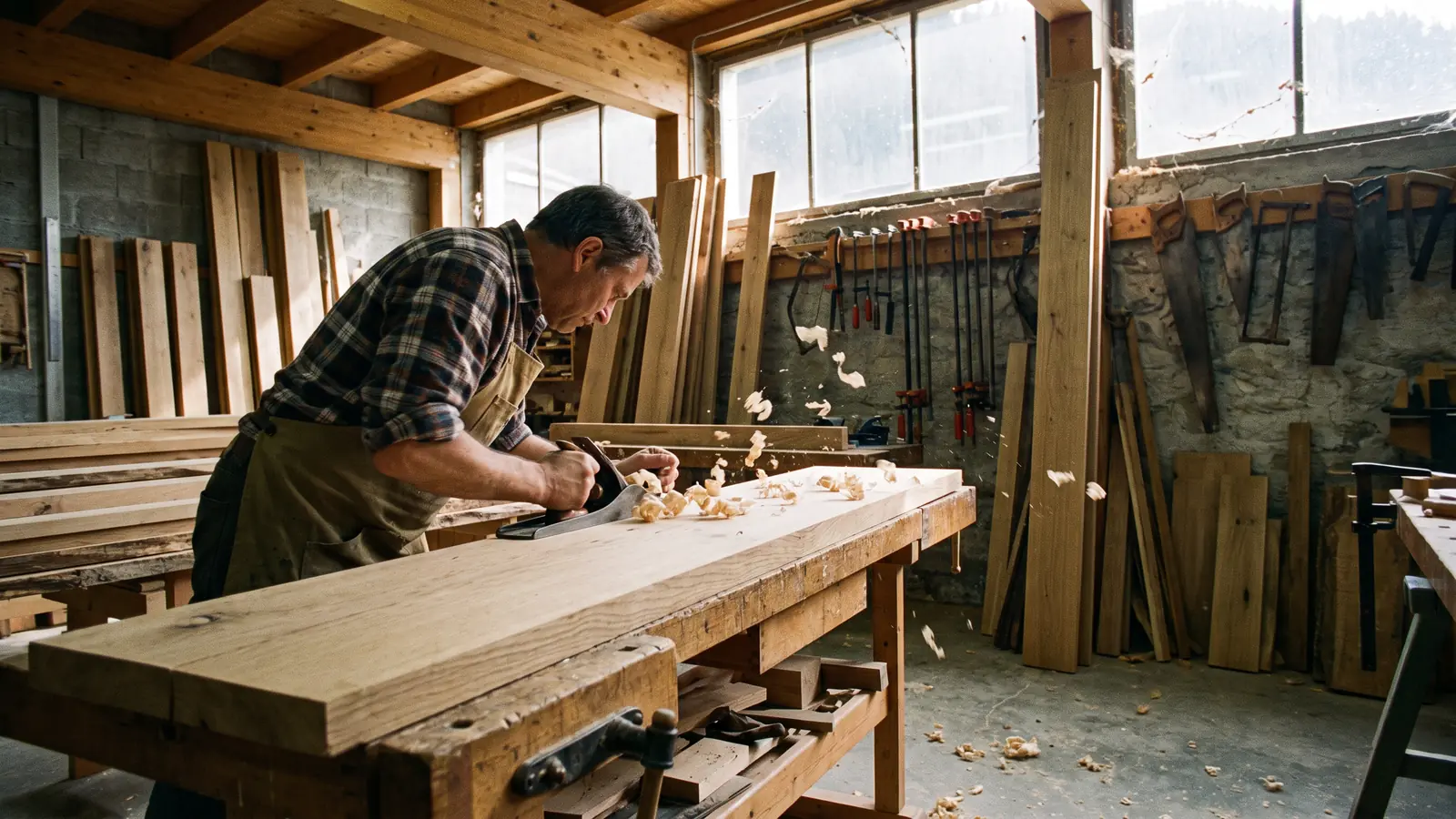 Un menuisier rabote une planche de chêne à l'établi, copeaux et rayons de soleil dans l'atelier.