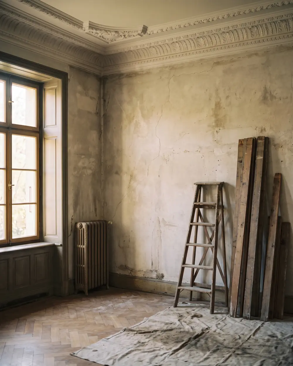 Avant : le mur nu, plâtre ancien, un radiateur, une échelle et des planches posées au sol.