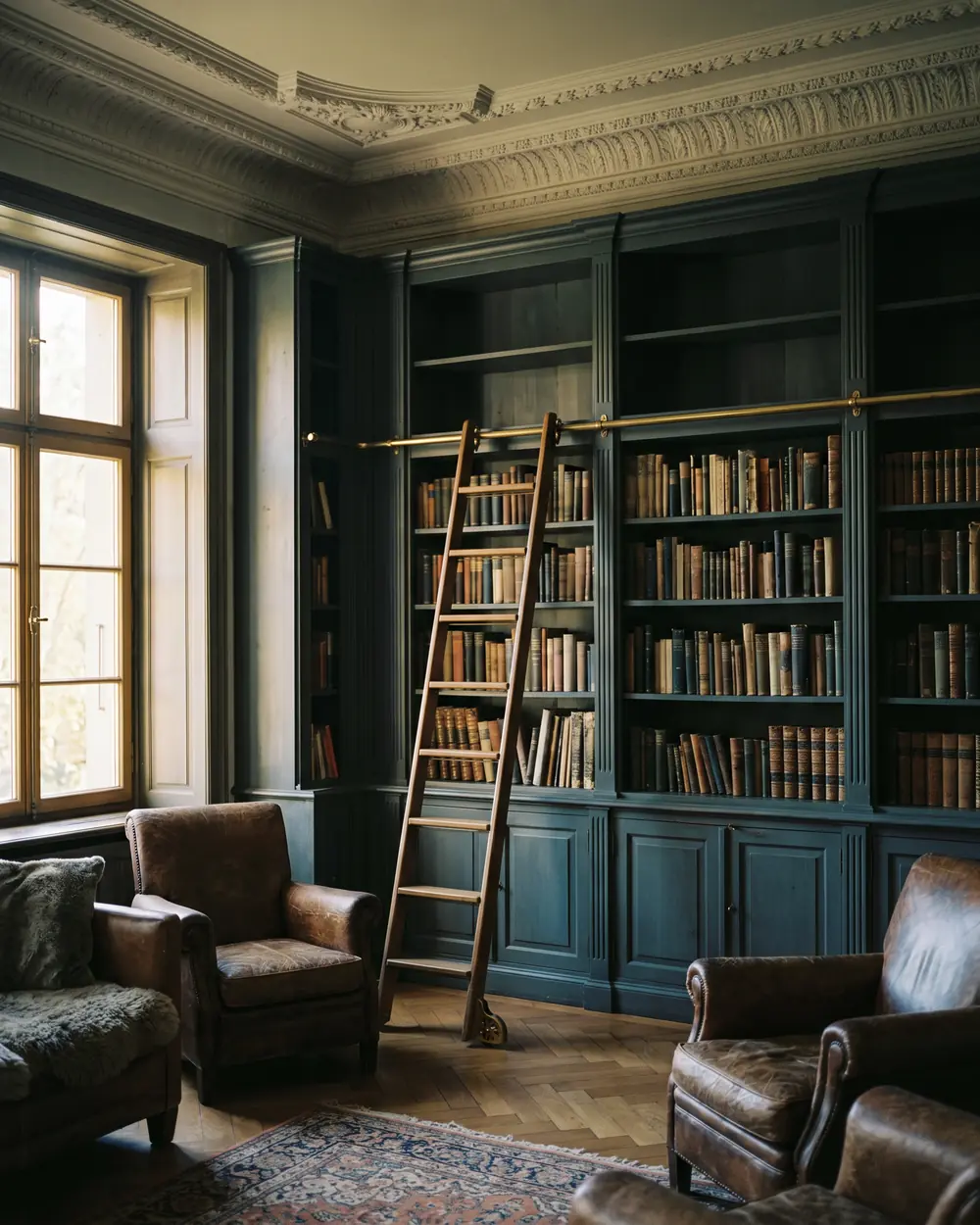 Après : bibliothèque bleu-gris sur tout le mur, échelle coulissante, fauteuils en cuir.