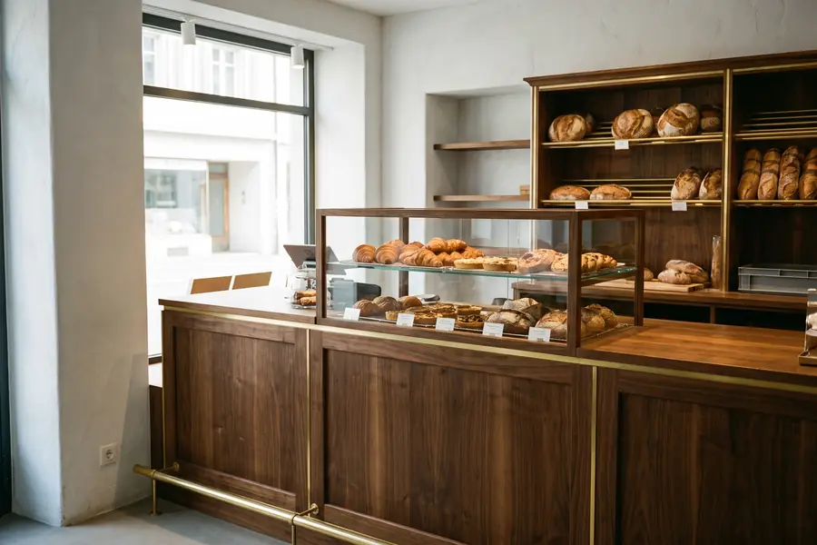 Comptoir de boulangerie en noyer massif avec chants et repose-pieds en laiton.