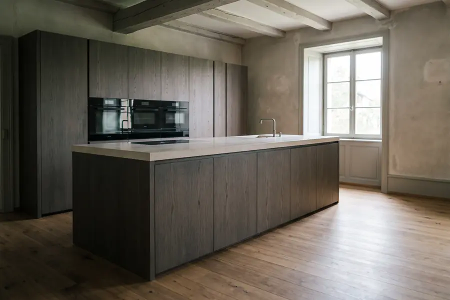 Cuisine en chêne fumé avec un long îlot et un plan en pierre claire, dans une maison ancienne.