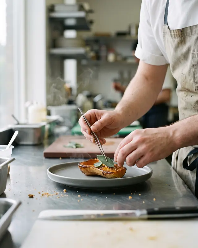 Mains du chef qui posent une feuille de sauge sur une courge rôtie, au passe de la cuisine.