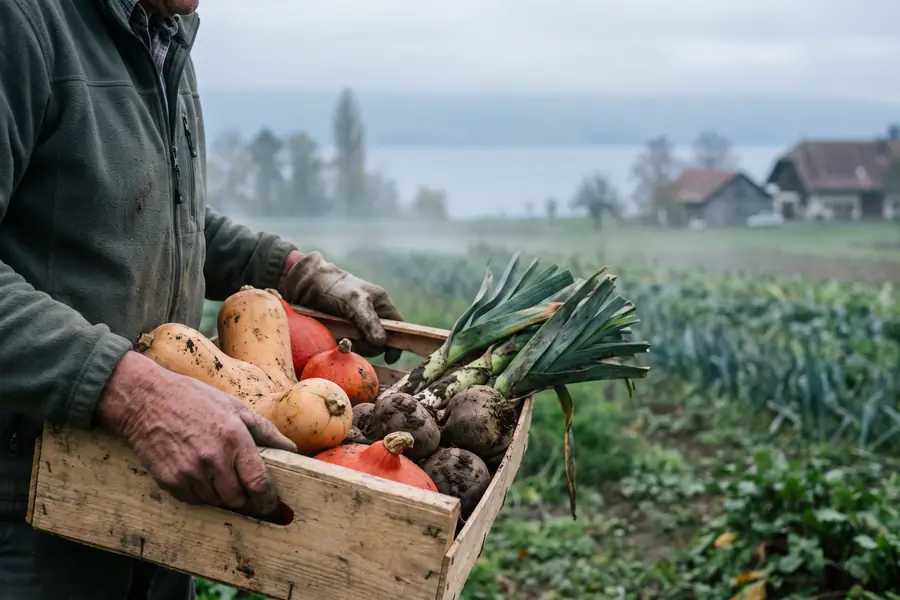 Mains d'un maraîcher tenant une caisse de courges, betteraves et poireaux, dans un champ près du lac.
