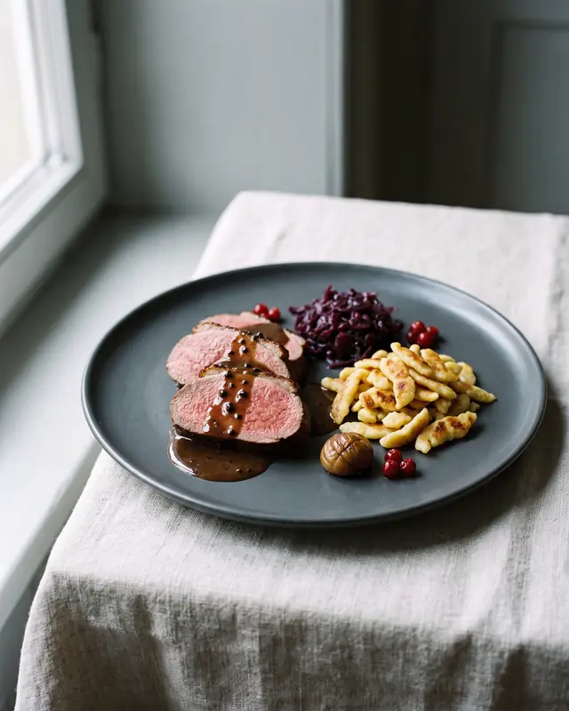 Selle de chevreuil rosée, sauce poivrade, spätzli poêlés, chou rouge et marron.