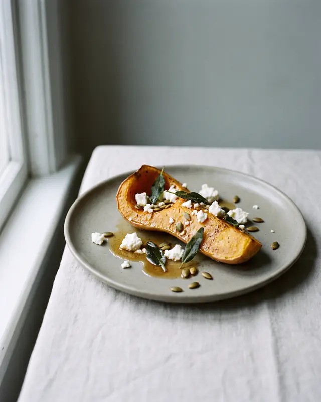 Courge musquée rôtie, sérac émietté, sauge croustillante et graines de courge.